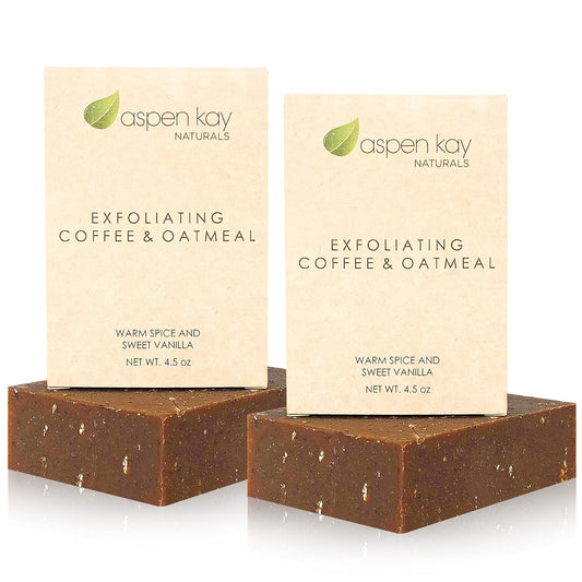 Aspen Kay Naturals coffee and oatmeal exfoliating soap bar for smoother skin.
