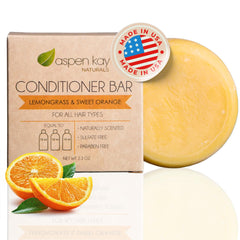 Aspen Kay Naturals lemongrass conditioner bar packaging, eco-friendly and travel-ready design.