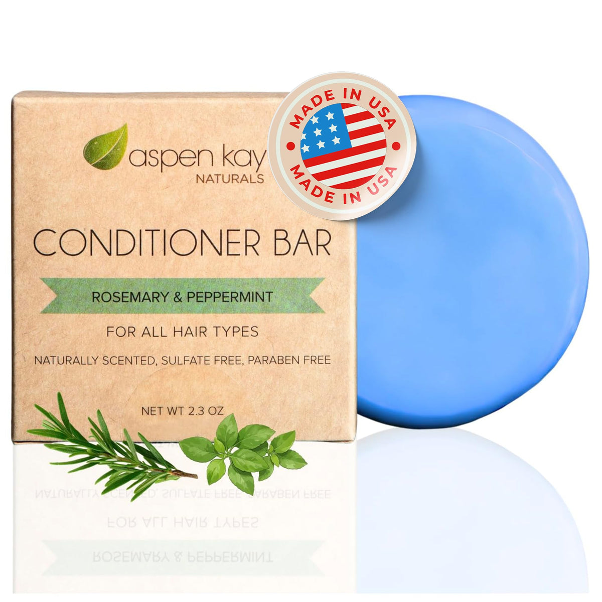 Aspen Kay Naturals conditioner bar with rosemary-peppermint scent for refreshed, manageable hair.