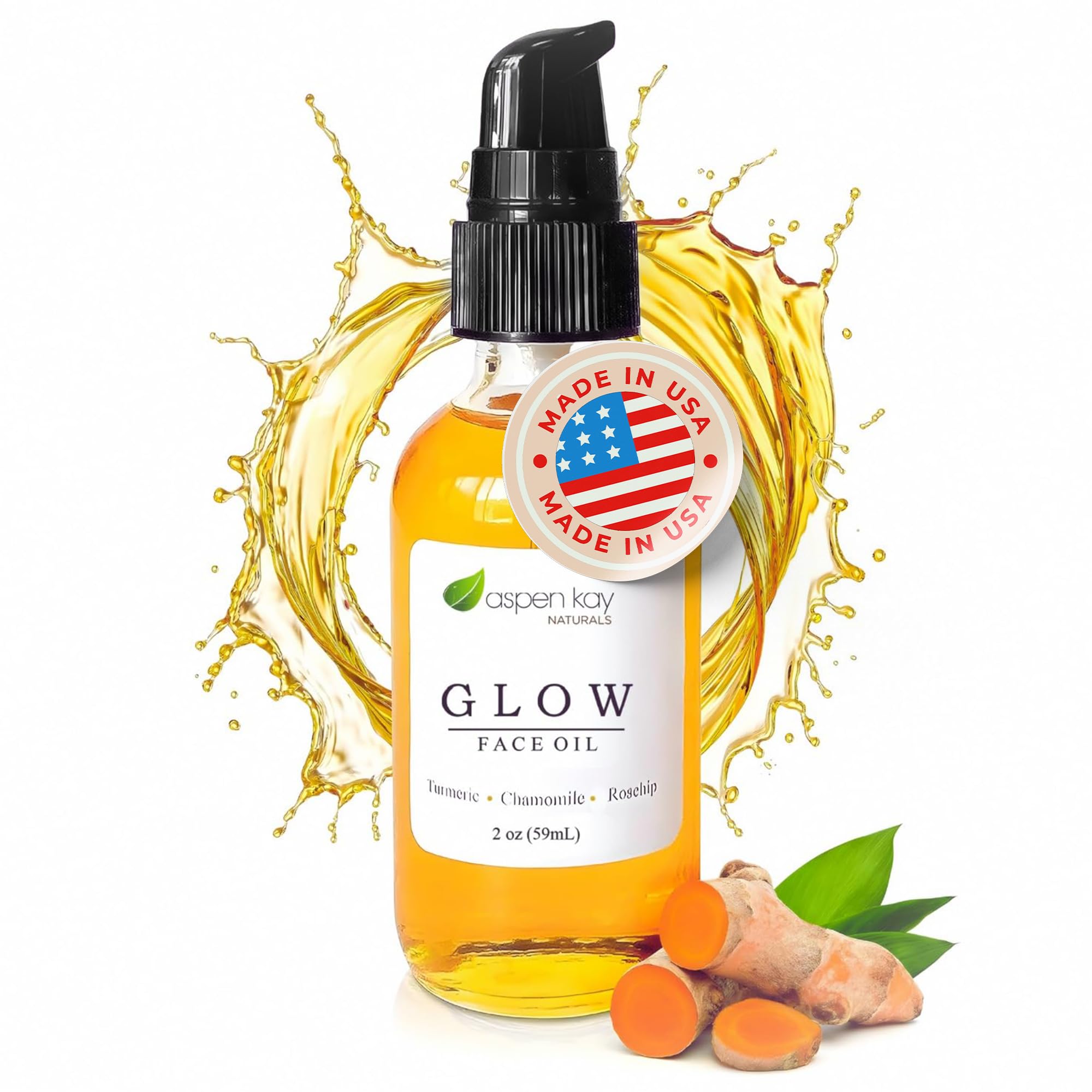 Aspen Kay Naturals Glow turmeric and rosehip oil bottle promotes nourished skin