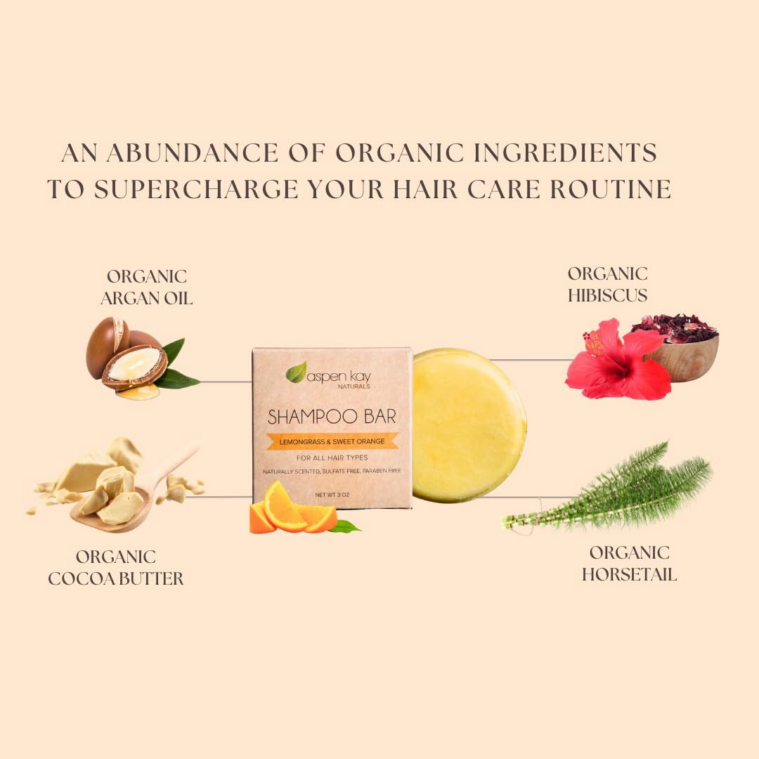 Aspen Kay Naturals Moroccan Argan Oil Shampoo Bar with orange-lemongrass scent for a refreshing wash.