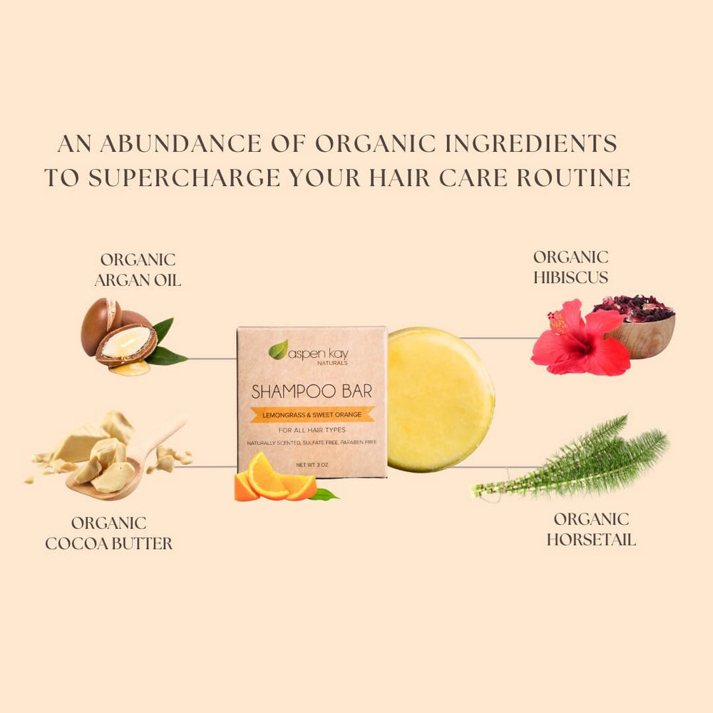 Aspen Kay Naturals Moroccan Argan Oil Shampoo Bar with orange-lemongrass scent for a refreshing wash.