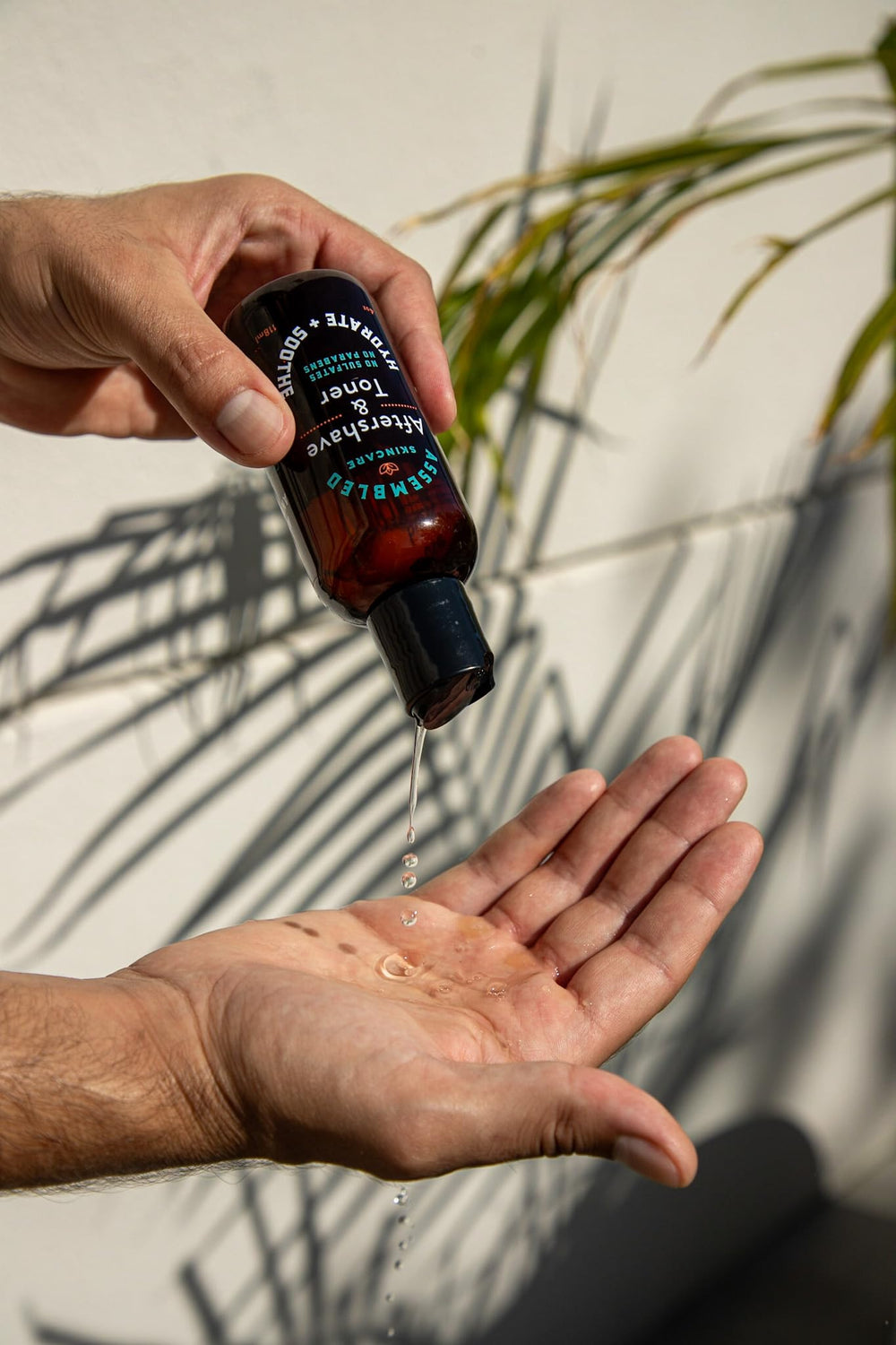 ASSEMBLED men's aftershave toner bottle front balances skin after shaving.