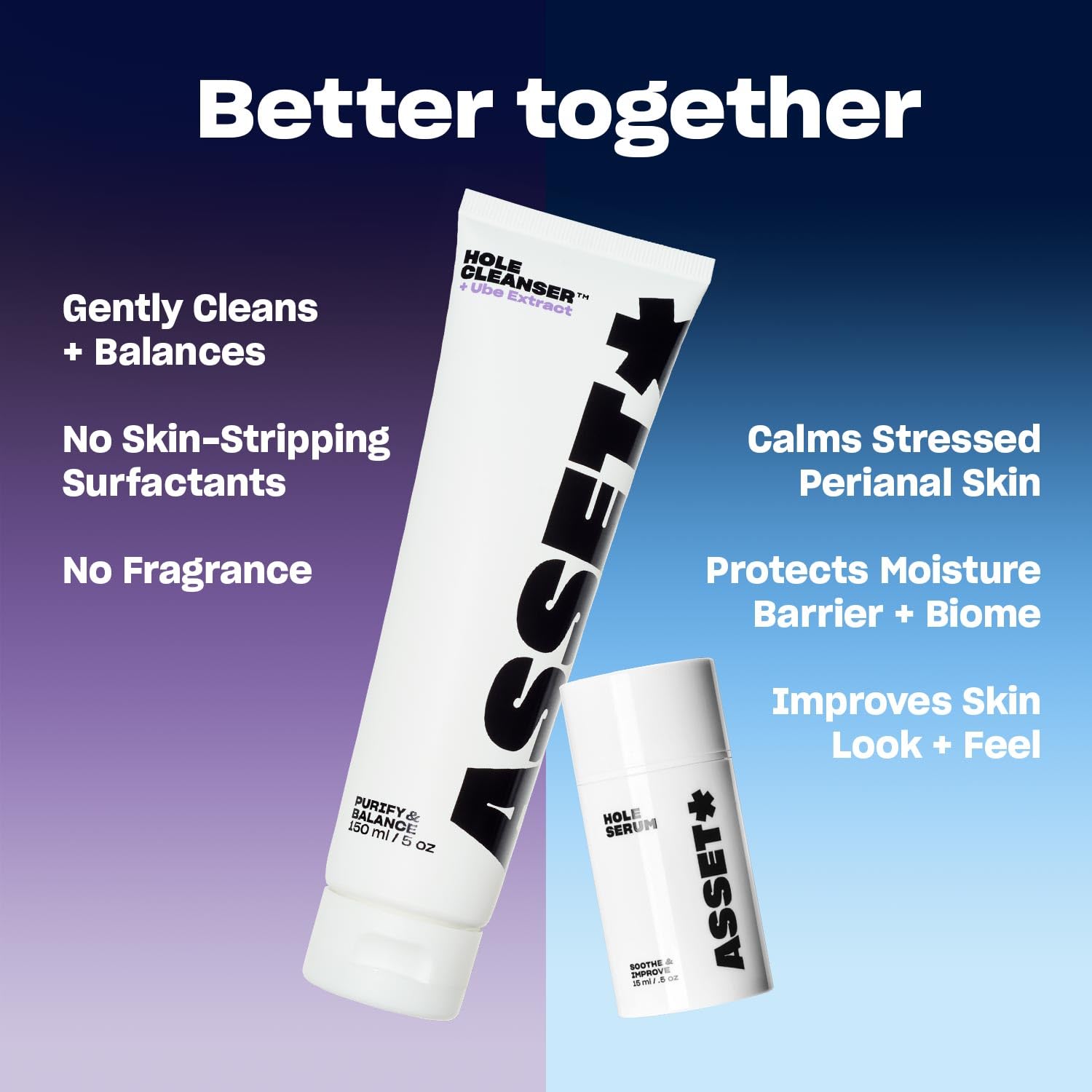 Asset Hole Cleanser pH-balanced label emphasizes safe use on delicate perianal skin.