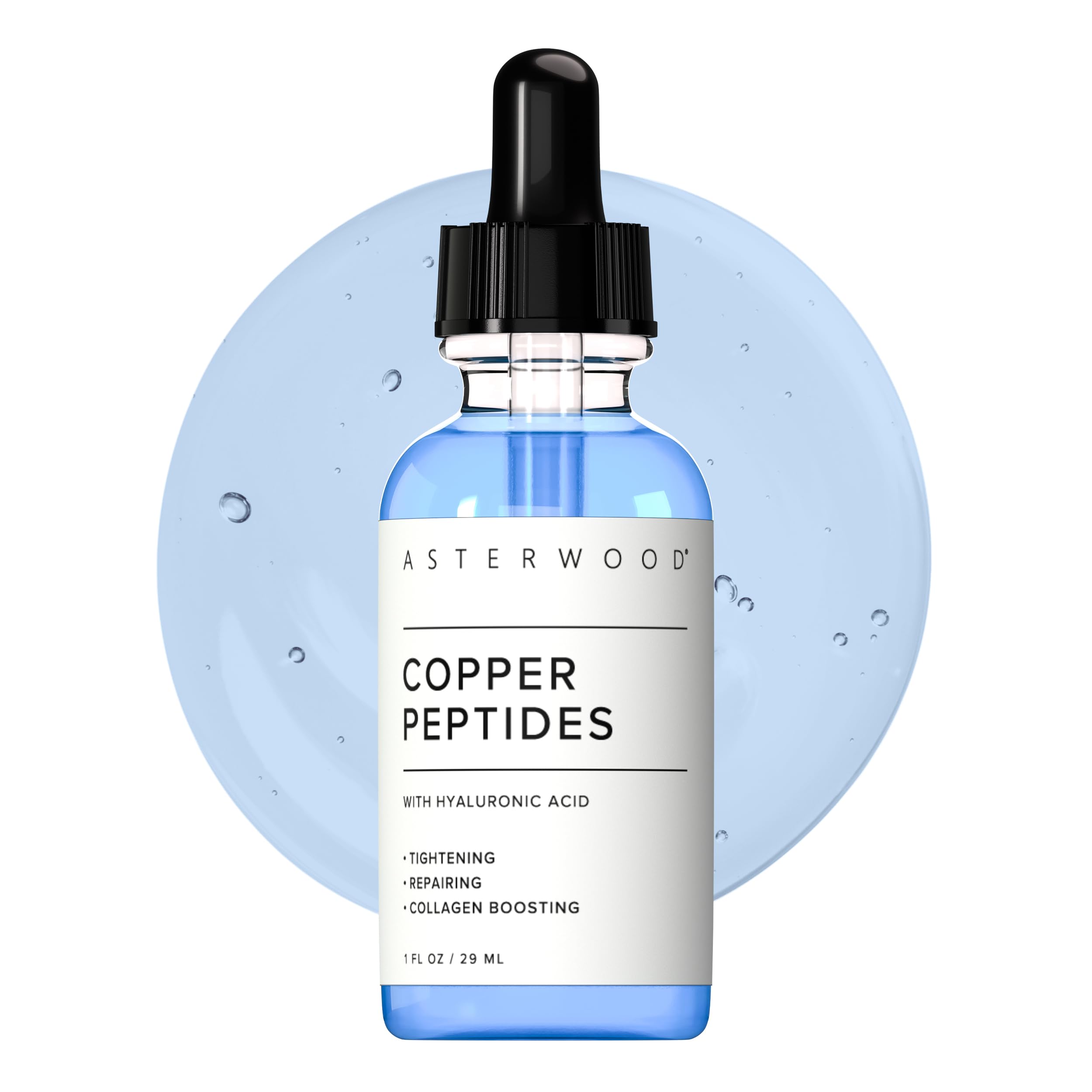 Asterwood Copper Peptides Serum bottle highlighting premium anti-aging care.