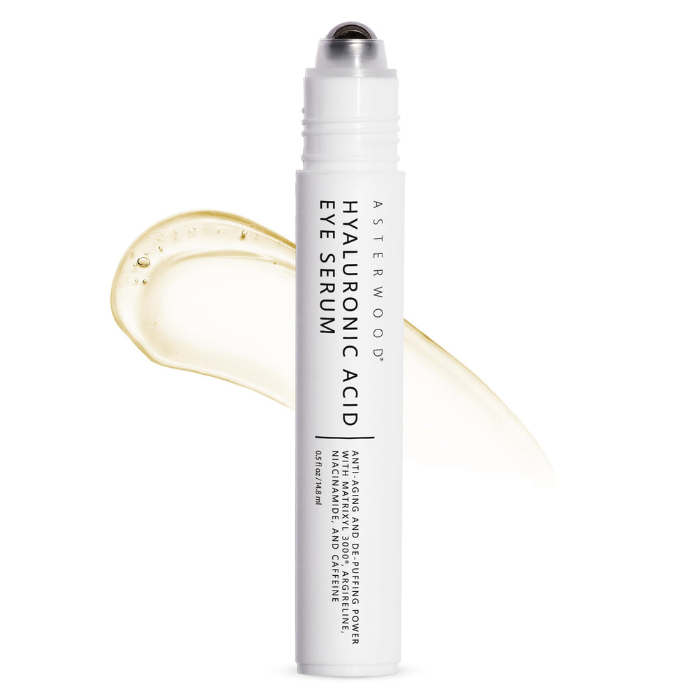 Asterwood Hyaluronic Eye Serum bottle with cooling applicator for depuffing.