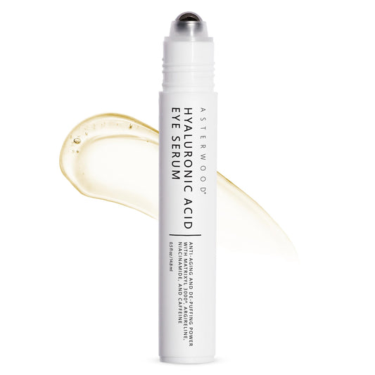 Asterwood Hyaluronic Eye Serum bottle with cooling applicator for depuffing.