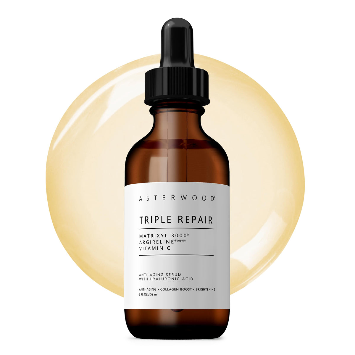 Asterwood Triple Repair Serum bottle on a clean surface for daily anti-aging care.