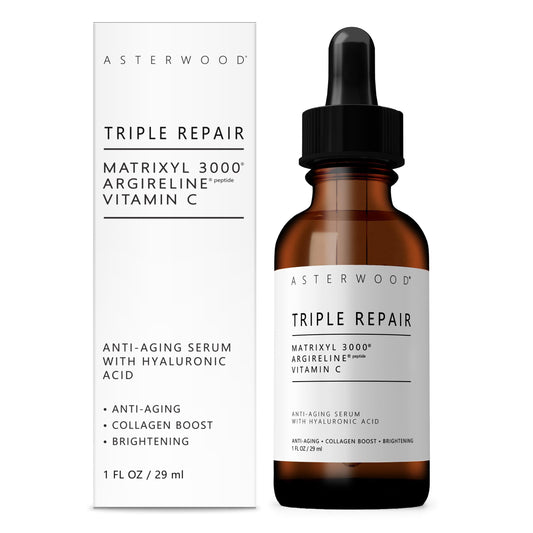 Asterwood Triple Repair Serum bottle on white background for daily anti-aging care.