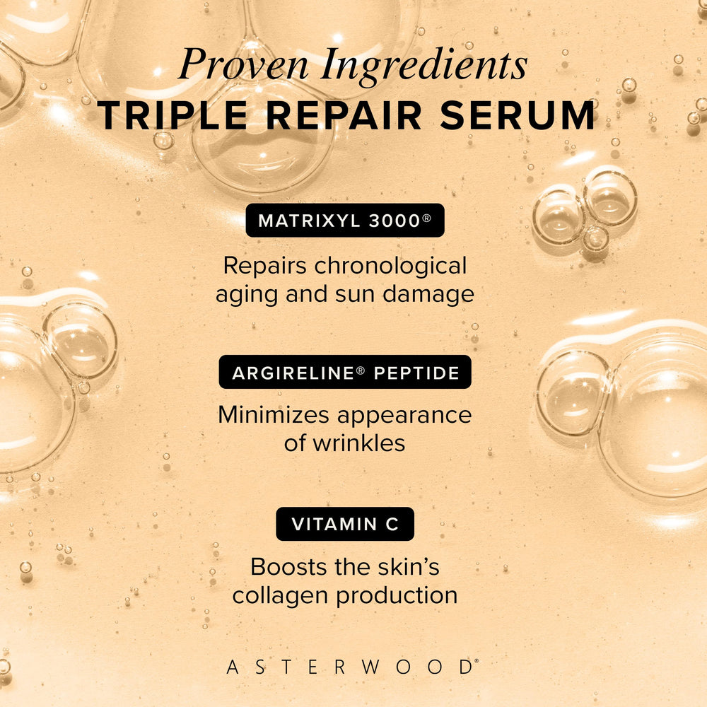 Asterwood Triple Repair Serum ingredients panel highlights Matrixyl 3000 and Argireline for skin support.