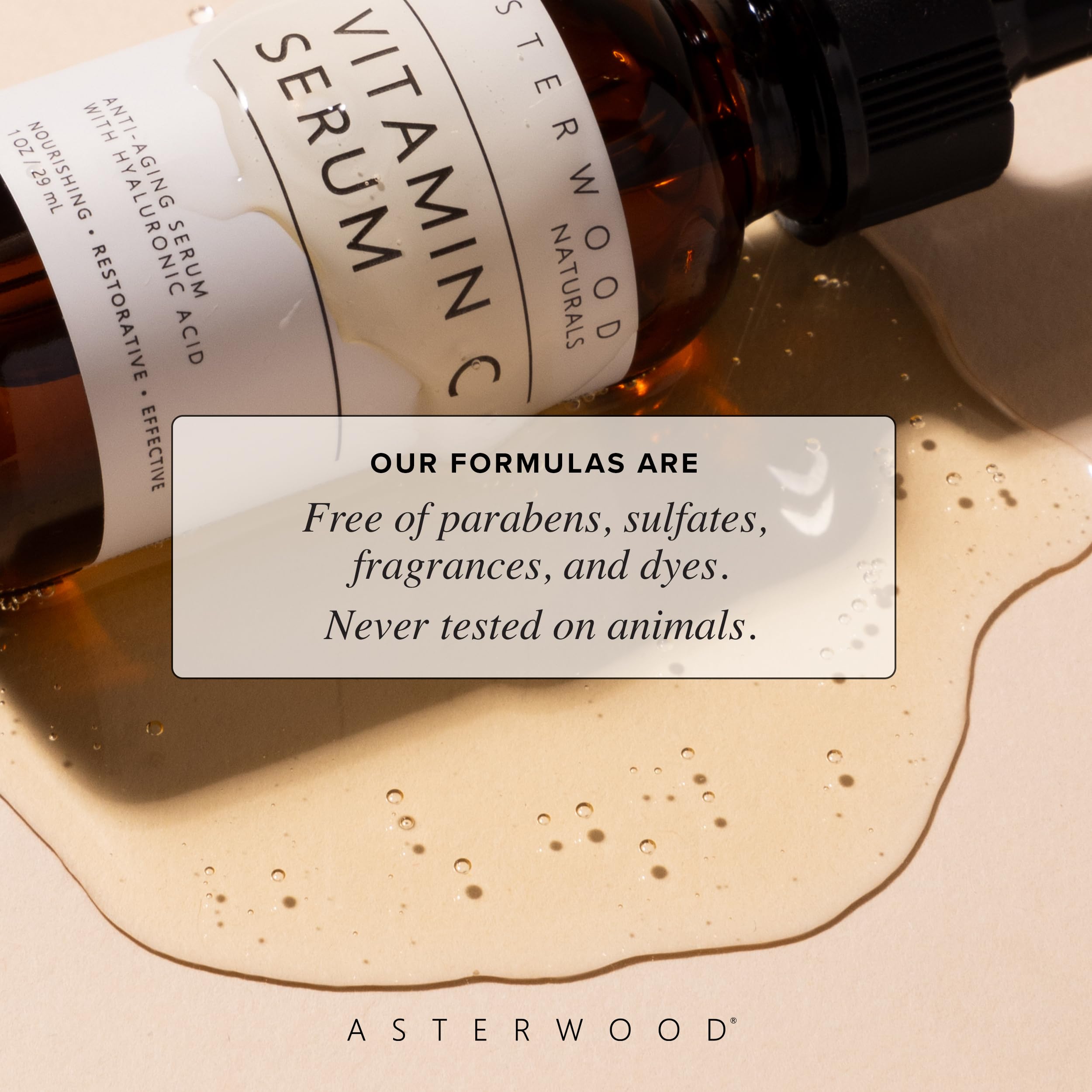 Asterwood Vitamin C Serum application on palm shows drop-by-drop usage.