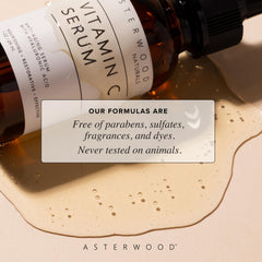 Asterwood Vitamin C Serum application on palm shows drop-by-drop usage.