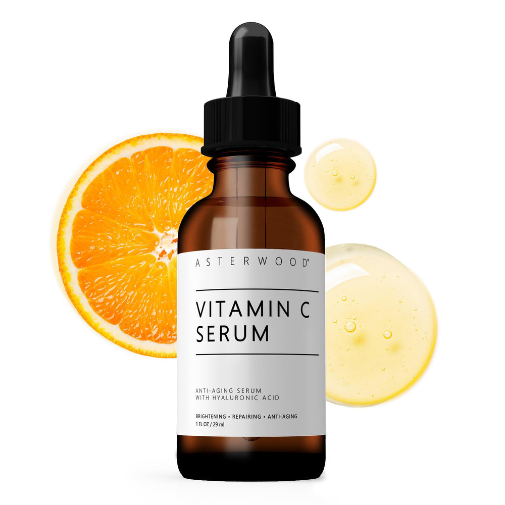 Asterwood Vitamin C Serum bottle with pump for hydrating, radiant skin.