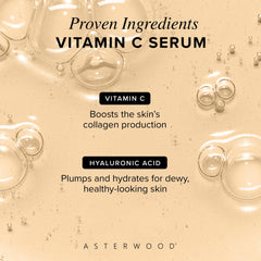 Asterwood Vitamin C Serum hyaluronic acid glow close-up hints at plumping hydration.