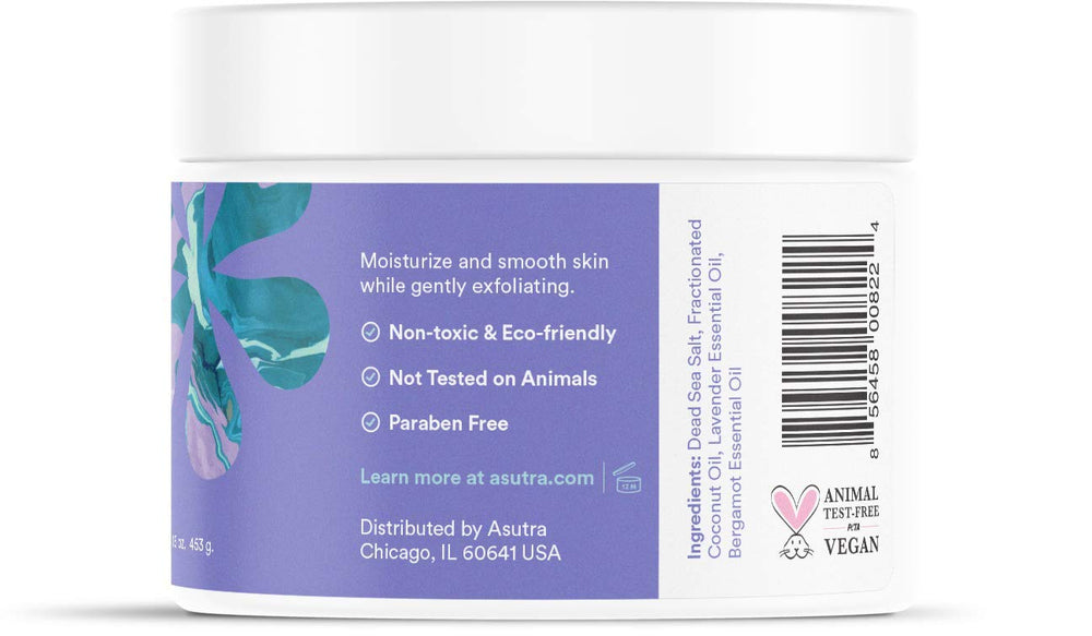ASUTRA Body Scrub texture close-up reveals fine salt and coconut oil blend.