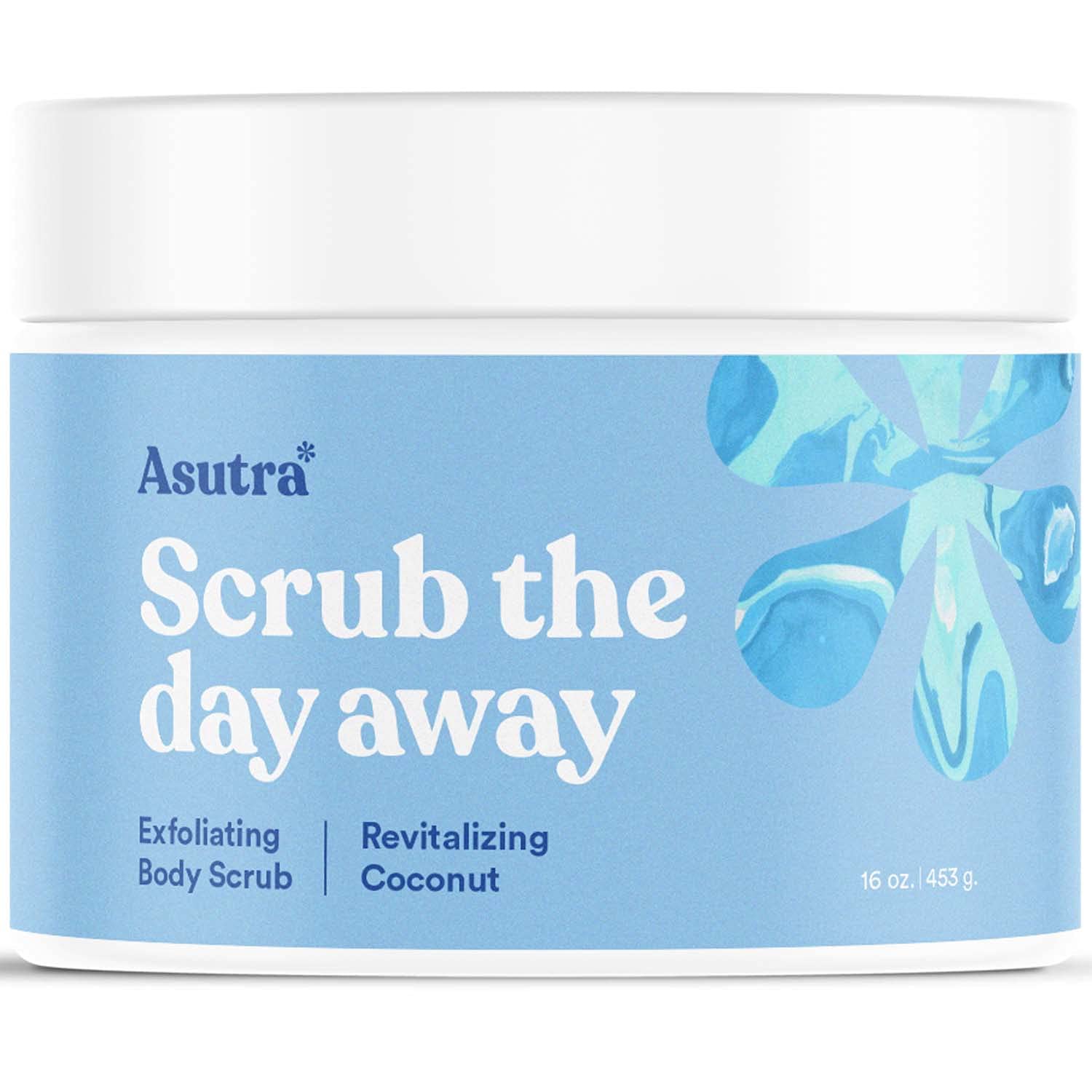 ASUTRA Dead Sea Salt Body Scrub in coconut jar delivers ultra-hydrating exfoliation.