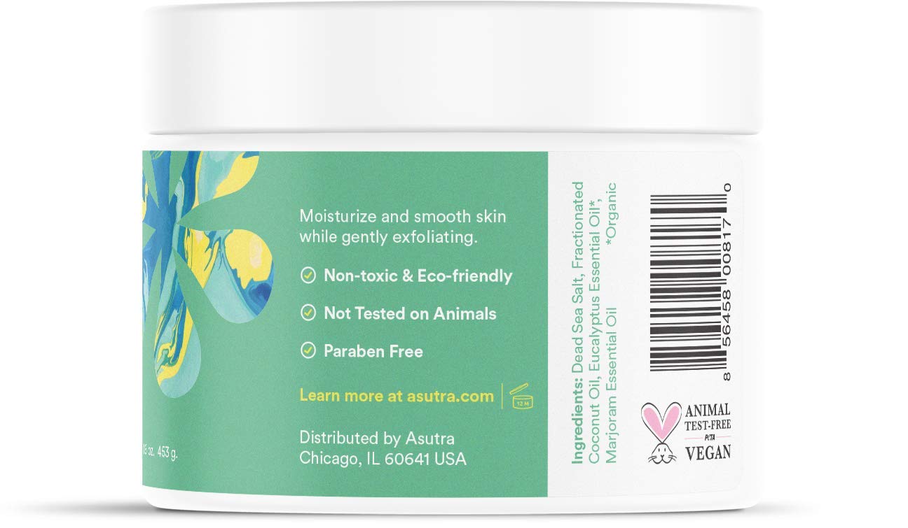 ASUTRA Dead Sea Salt Scrub close-up of fine mineral crystals for gentle exfoliation.