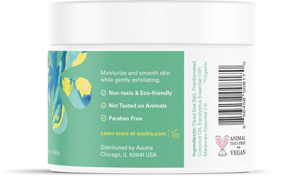 ASUTRA Dead Sea Salt Scrub close-up of fine mineral crystals for gentle exfoliation.