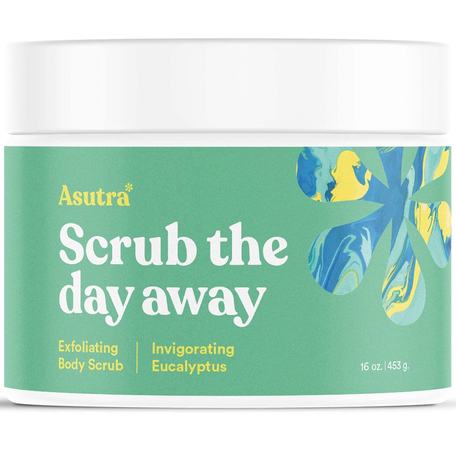 ASUTRA Dead Sea Salt Scrub jar with eucalyptus for invigorating exfoliation.