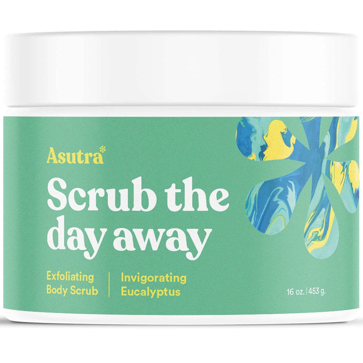 ASUTRA Dead Sea Salt Scrub jar with eucalyptus for invigorating exfoliation.