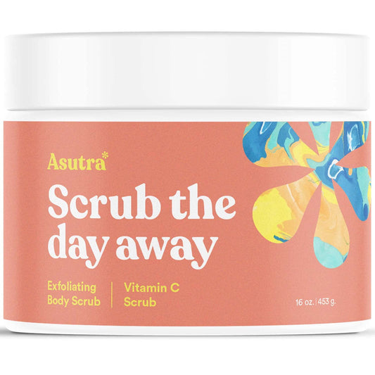 ASUTRA Dead Sea Salt Scrub jar front view emphasizes hydrated skin feel