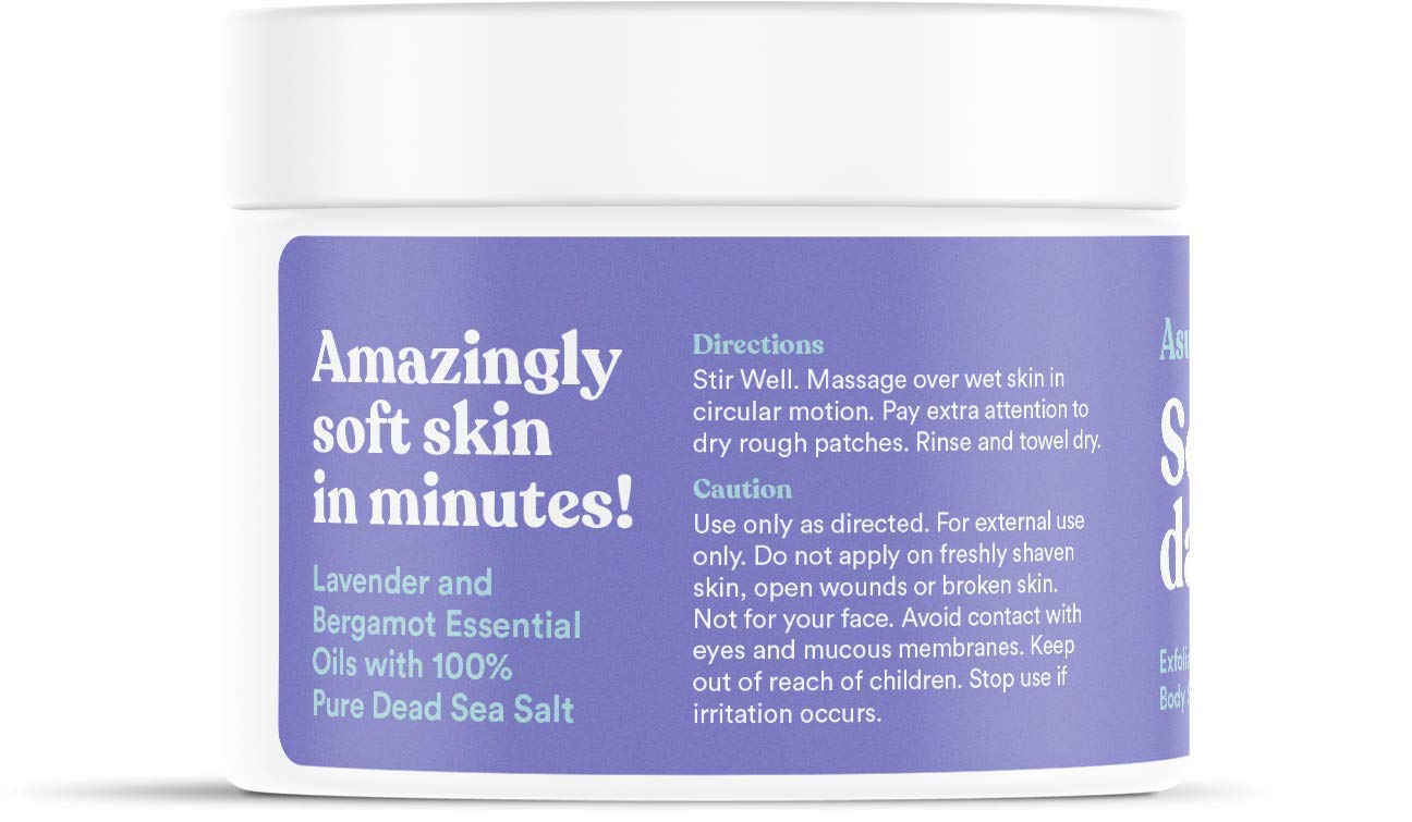 ASUTRA Dead Sea Salt Scrub lavender drops highlight aromatherapy benefits in shower.