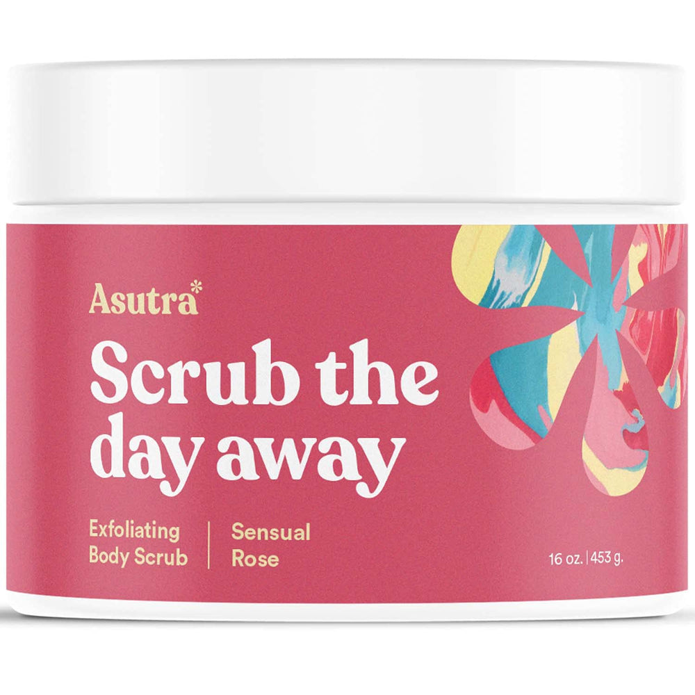 ASUTRA Dead Sea Salt Scrub rose bottle showcasing hydrating exfoliation.