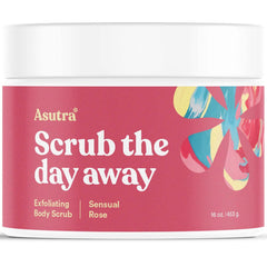 ASUTRA Dead Sea Salt Scrub rose bottle showcasing hydrating exfoliation.