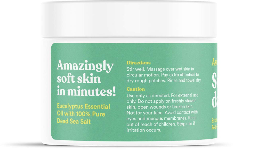 ASUTRA Dead Sea Salt Scrub in shower scene highlighting hydrating texture.