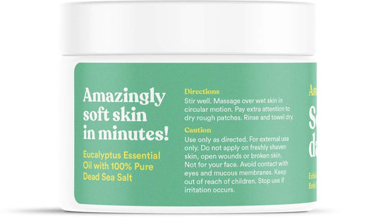 ASUTRA Dead Sea Salt Scrub in shower scene highlighting hydrating texture.
