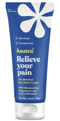 ASUTRA Muscle Pain Relief Cream jar closeup shows cooling relief and moisturizing texture