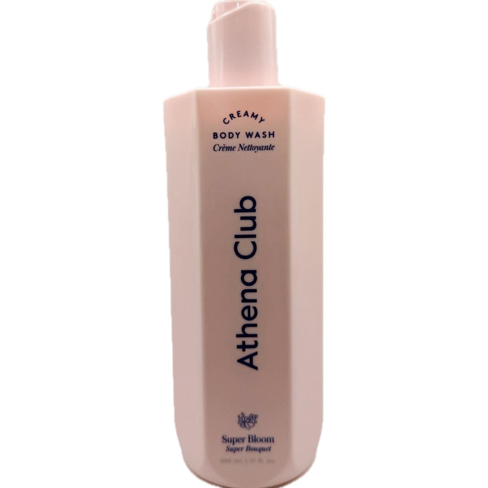 Athena Club Super Bloom bottle being poured to reveal rich creamy lather, ideal for daily cleansing