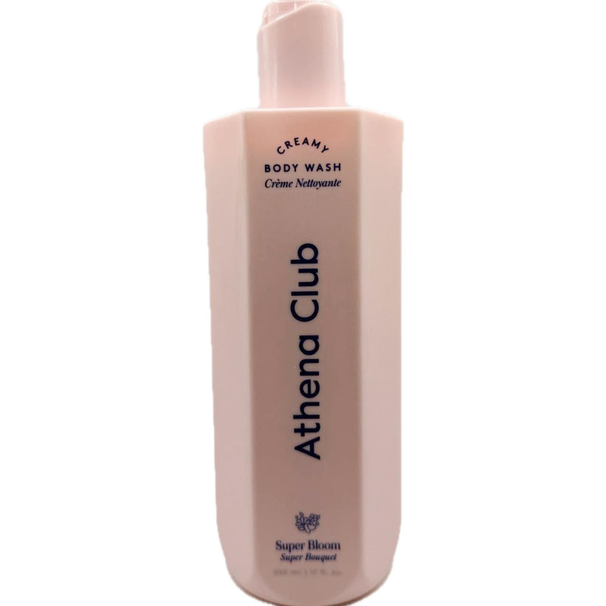 Athena Club Super Bloom bottle being poured to reveal rich creamy lather, ideal for daily cleansing
