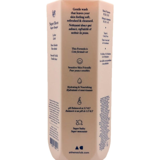 Close-up of Athena Club Super Bloom creamy lather, great for hydrating skin during showers