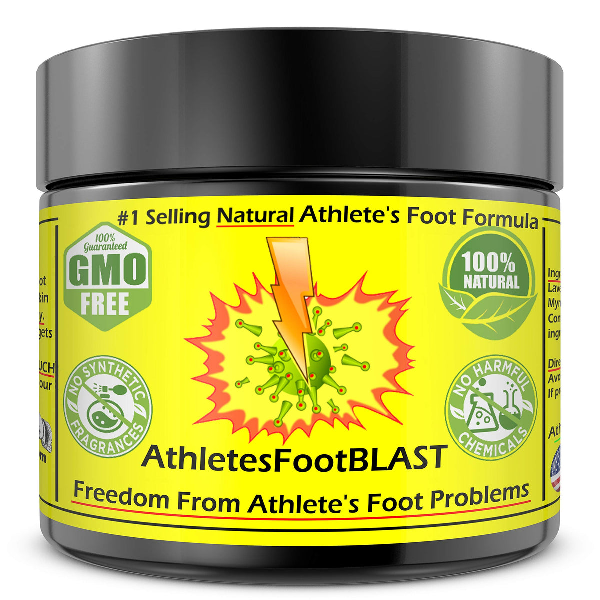 AthletesFootBLAST balm bottle shown for easy application and plant-based relief.