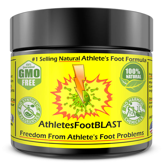AthletesFootBLAST balm bottle shown for easy application and plant-based relief.