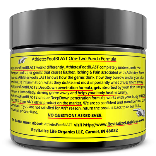 AthletesFootBLAST plant-based salve displaying natural ingredients for soothing irritation.