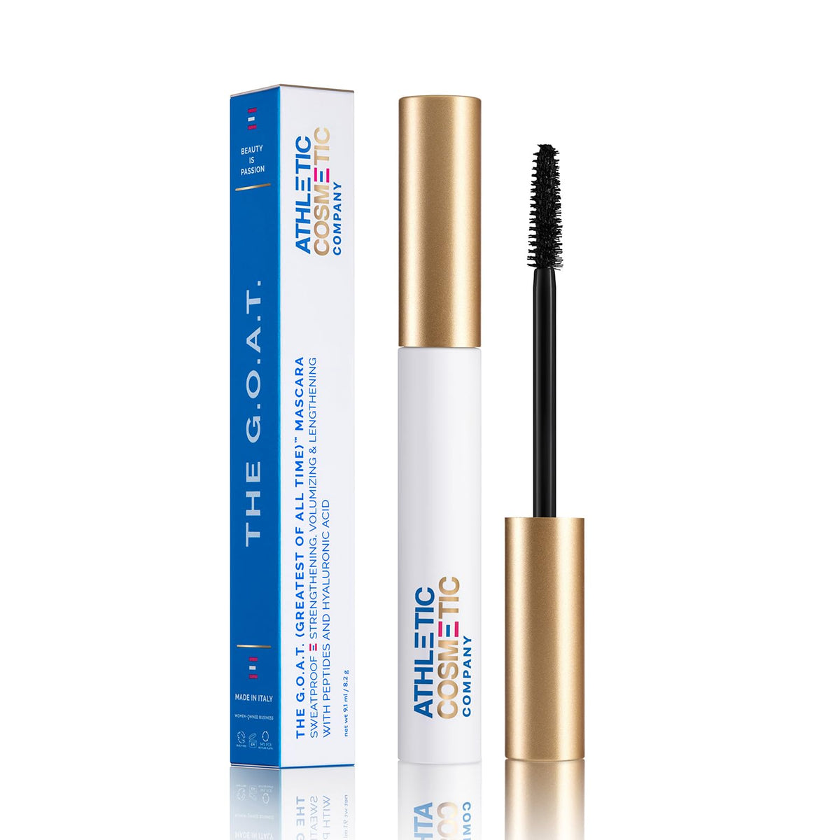 ATHLETIC COSMETIC The G.O.A.T. mascara packaging close-up for on-the-go use.