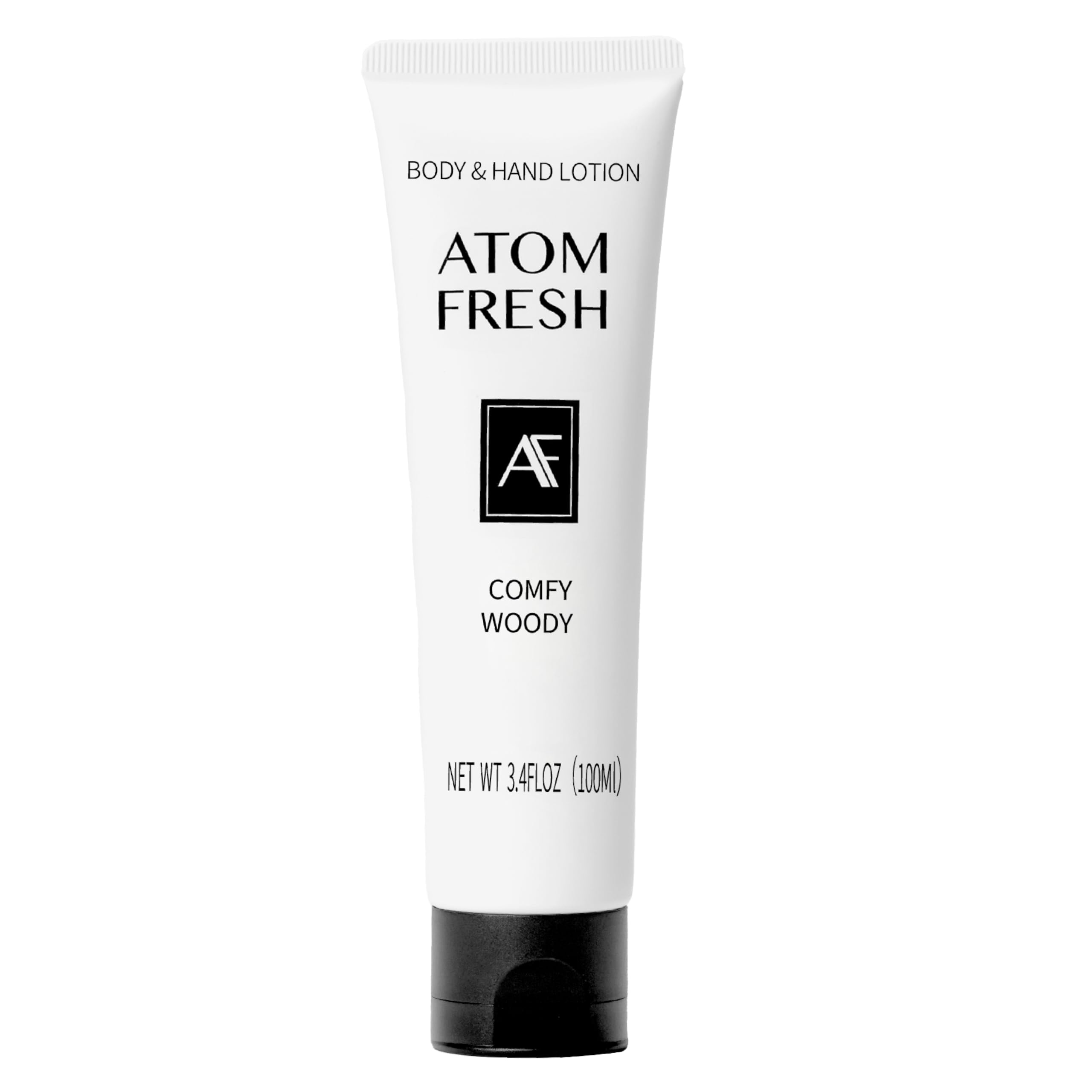 Atom Fresh Hand Cream Comfy Woody bottle front showing fast-absorbing hydration for dry hands.
