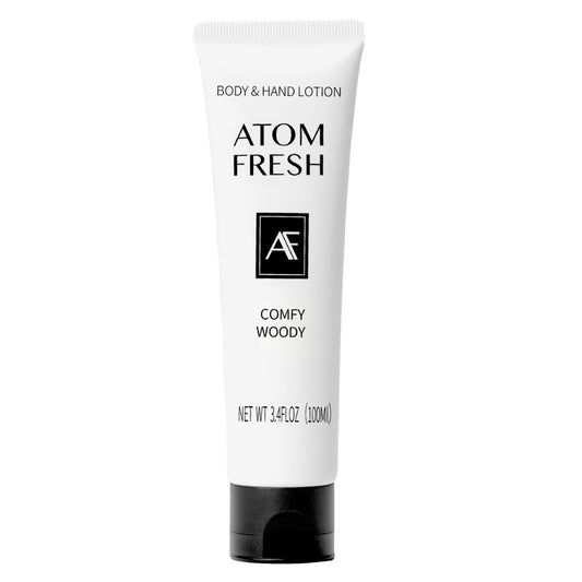 Atom Fresh Hand Cream Comfy Woody bottle front showing fast-absorbing hydration for dry hands.