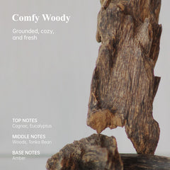 Atom Fresh Hand Cream Comfy Woody label closeup highlighting ceramides and niacinamide for barrier support.
