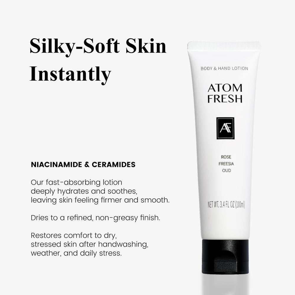 Atom Fresh Laboratory formula highlights niacinamide and ceramides for gentle barrier support.