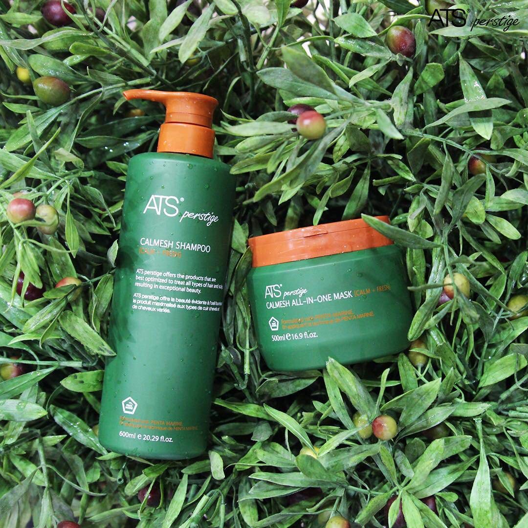 ATS Professional Perstige Calmesh Headspa Shampoo label closeup shows Penta Marine nutrients