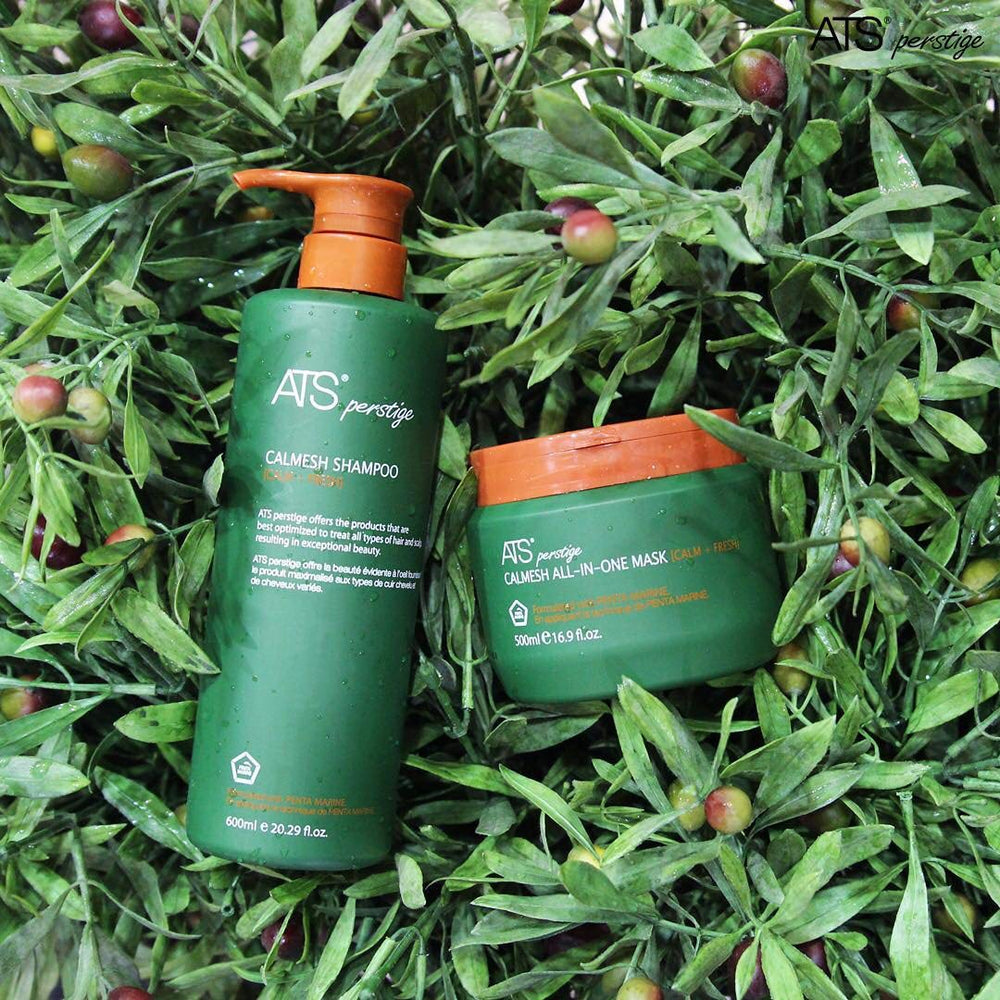 ATS Professional Perstige Calmesh Headspa Shampoo label closeup shows Penta Marine nutrients