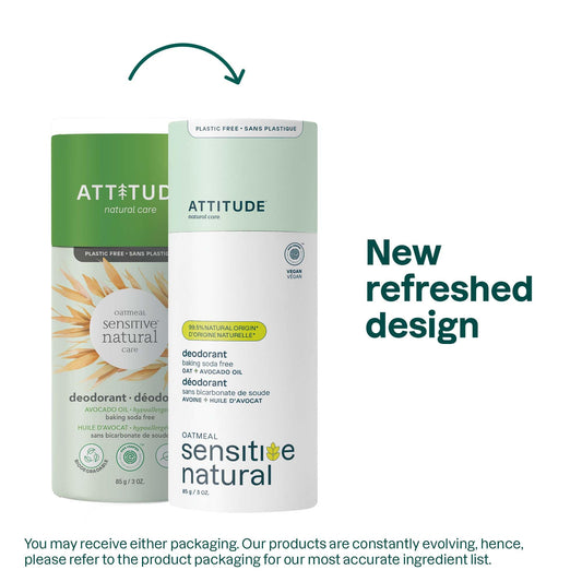 Attitude deodorant stick avocado oil ingredients closeup highlighting clean formula.