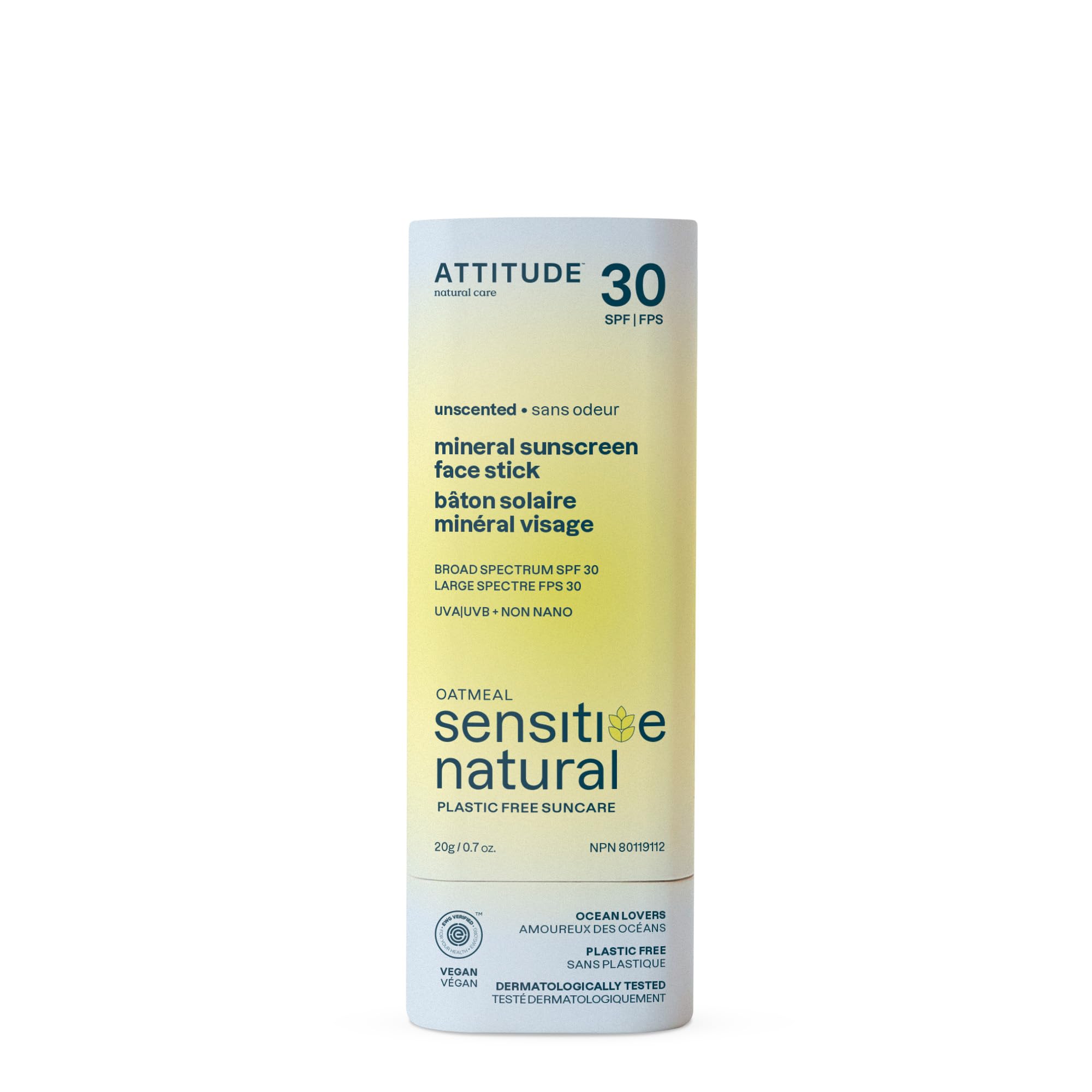 ATTITUDE Mineral Sunscreen Face Stick front view for portable, on-the-go protection.