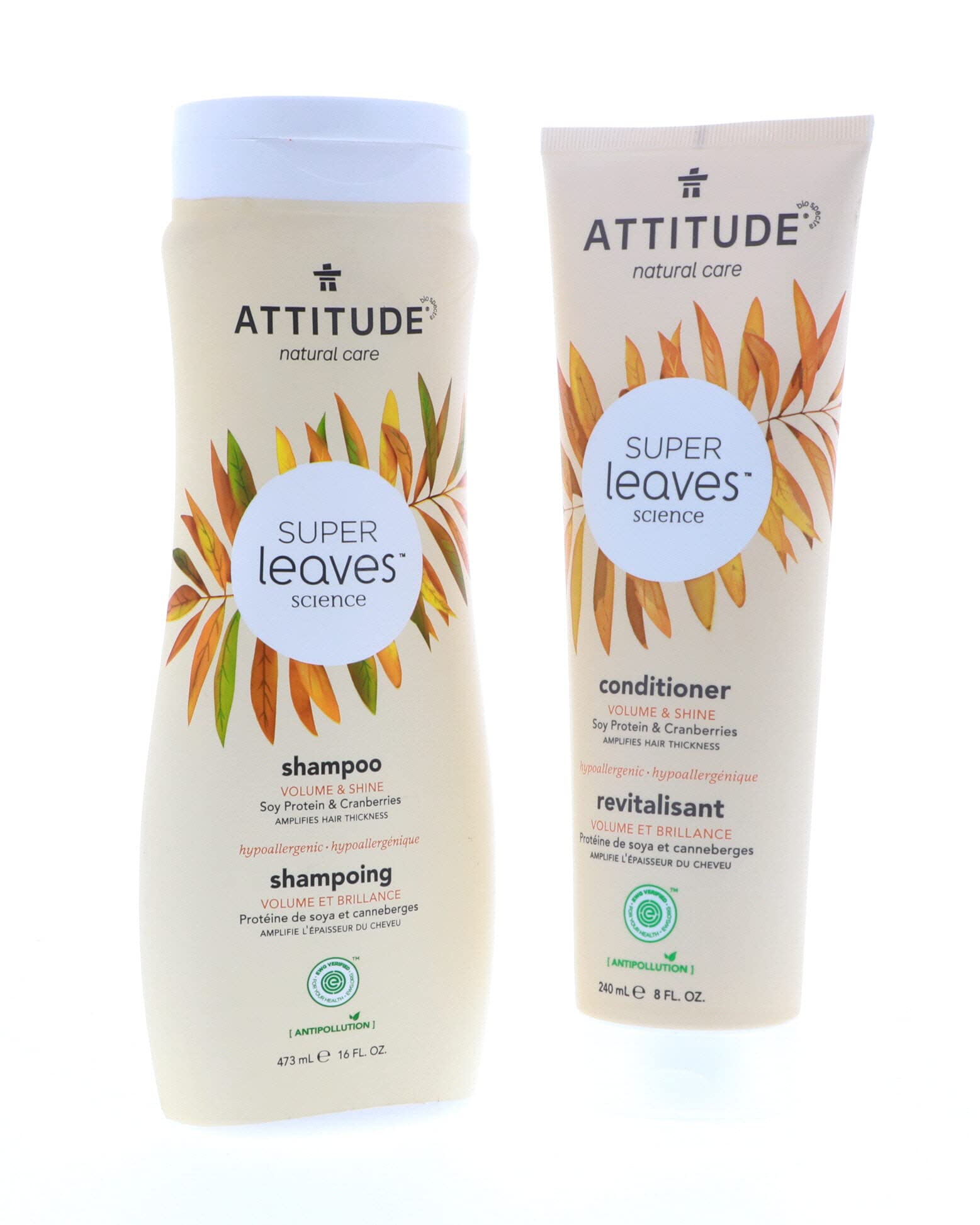 ATTITUDE Super Leaves Volume & Shine Conditioner bottle with soy protein for hair strength.