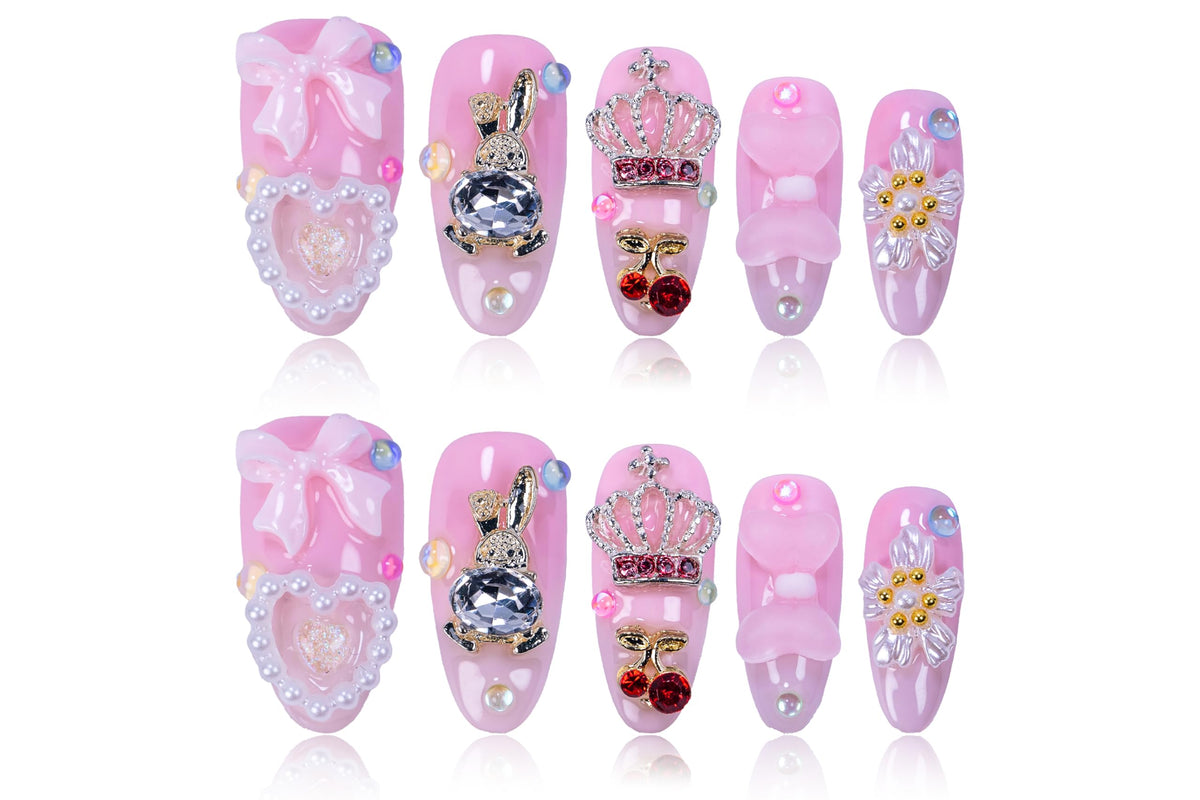 Atuhua 24Pcs handmade press-on nails with 3D pink bow for a chic daily look.