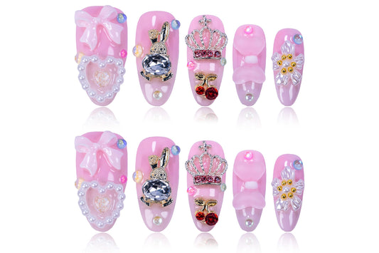 Atuhua 24Pcs handmade press-on nails with 3D pink bow for a chic daily look.