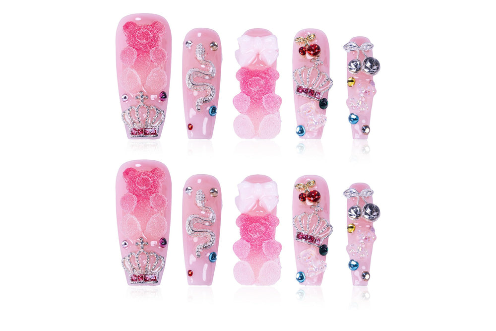Atuhua 24Pcs handmade press-on nails with 3D pink crystals for a salon-like finish
